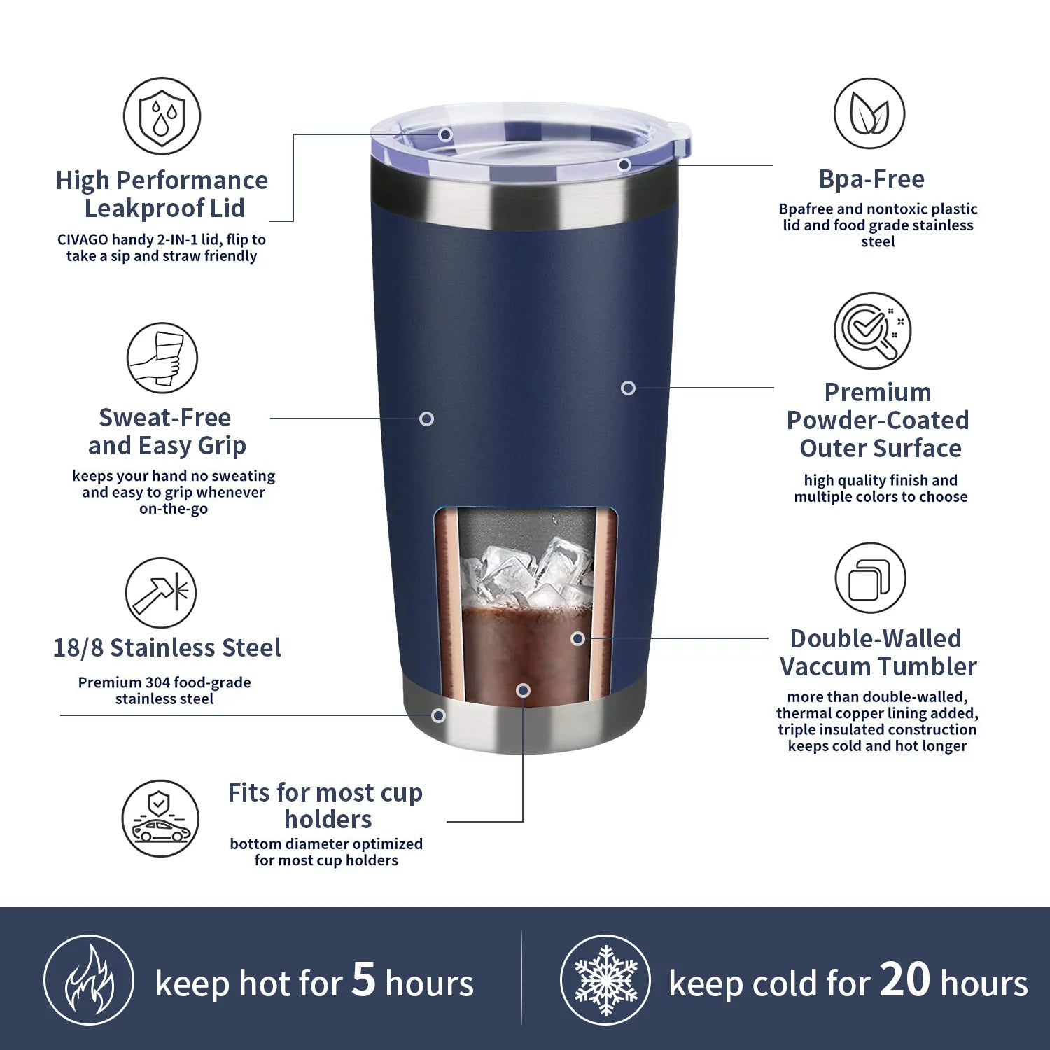 20oz Double Wall Vacuum Insulated Tumbler 8 Pack with Lid and Straw F969