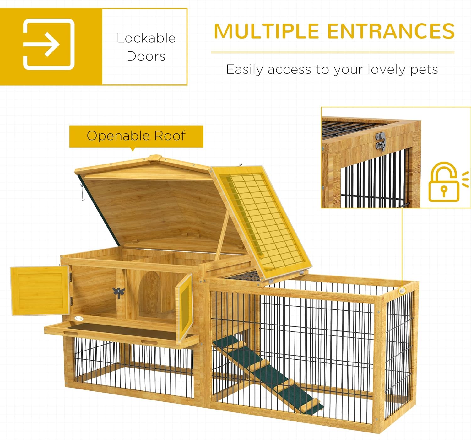 Outdoor Rabbit Hutch with Openable Top, Wooden Cage with Run, Removable Tray P519