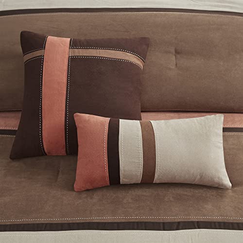 Modern Faux Suede Comforter Set with Stripe Design, Queen, Brown, 7 Piece T450652
