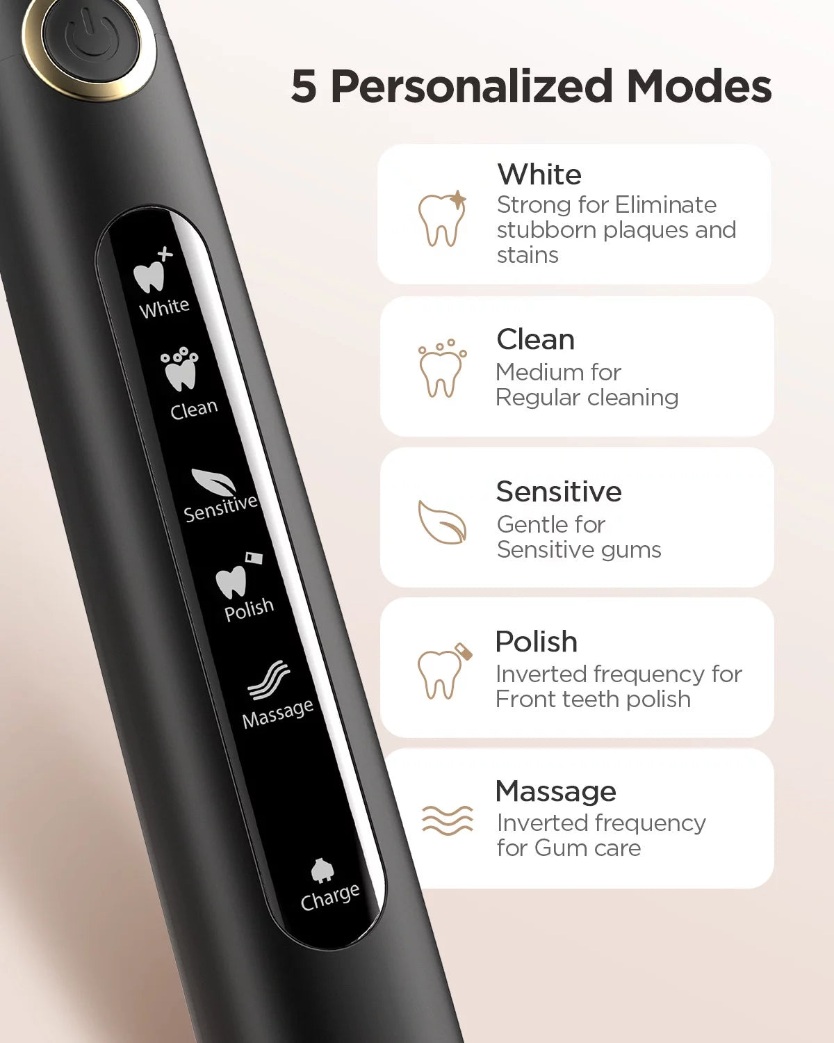 Sonic Electric Toothbrush Rechargeable Black, 5 Modes with Smart Timer N774