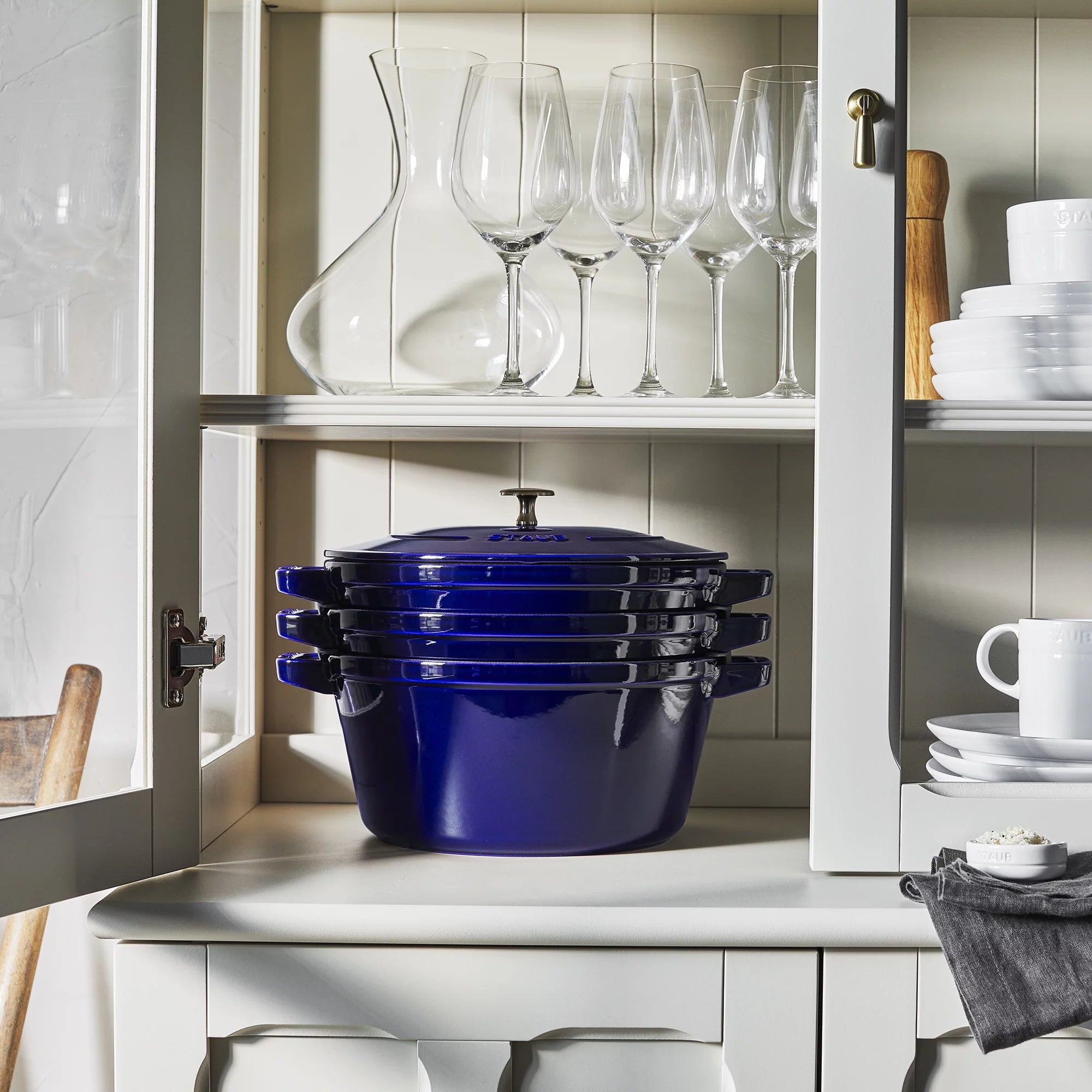 Cast Iron Cookware Set 4-Piece, Stackable Dutch Oven with Universal Lid, Dark Blue D57755