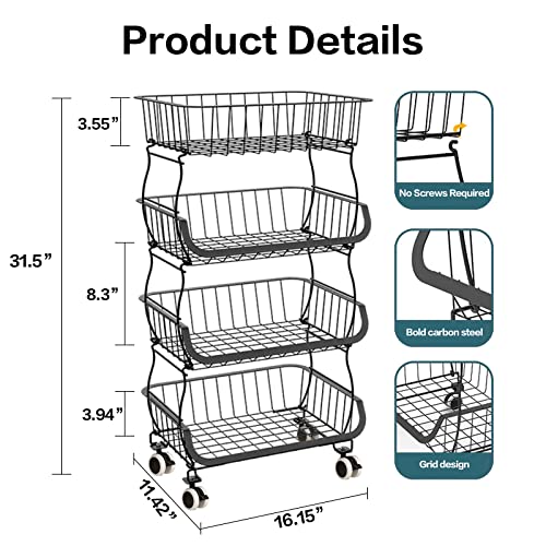 Stackable Fruit Vegetable Storage Cart with Wheels, Metal Wire Baskets V72175