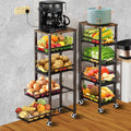 Fruit Vegetable Storage Basket for Kitchen, 5 Tier Large Pull-Out Wire Basket with Wood Top and Wheels Rolling Pantry Kitchen Cart Vegetable Produce Bins Stand Cart Rack for Onions and Potatoes