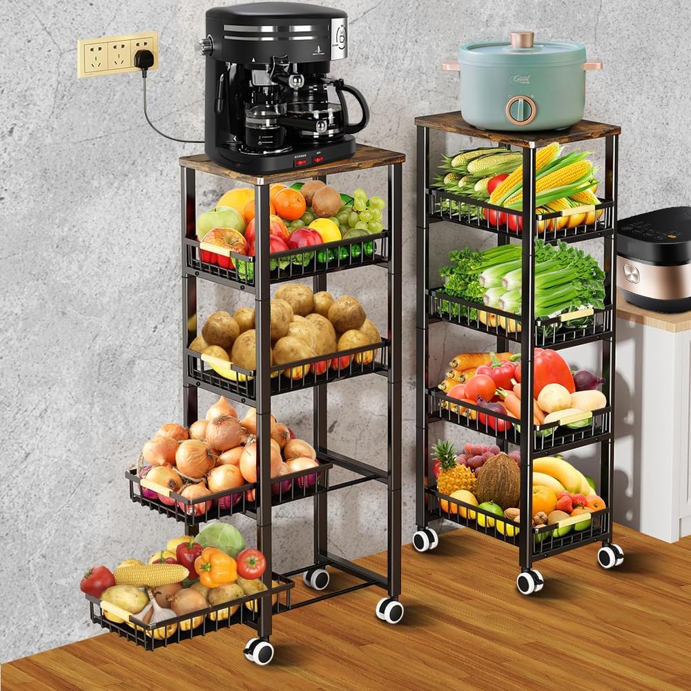 Fruit Vegetable Storage Basket for Kitchen, 5 Tier Large Pull-Out Wire Basket with Wood Top and Wheels Rolling Pantry Kitchen Cart Vegetable Produce Bins Stand Cart Rack for Onions and Potatoes