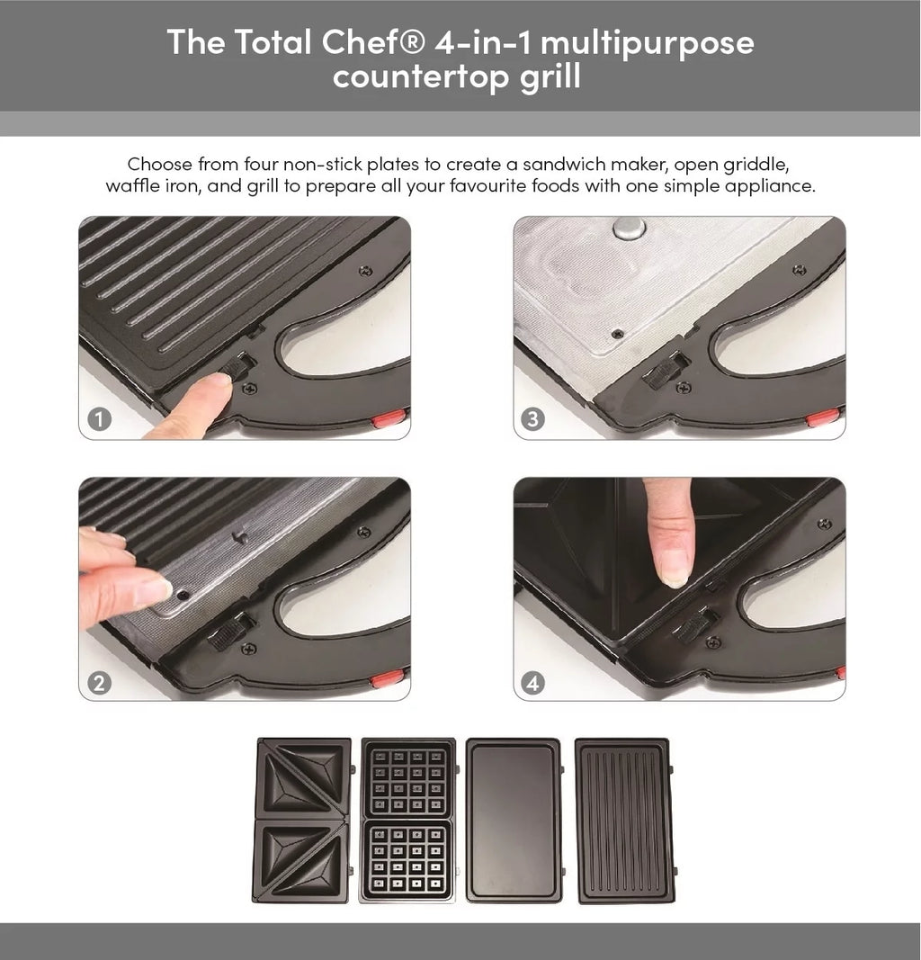 4-in-1 Waffle Maker, Indoor Grill, Sandwich Maker, Panini Press, Electric Griddle, Removable Non-Stick Plates H92613