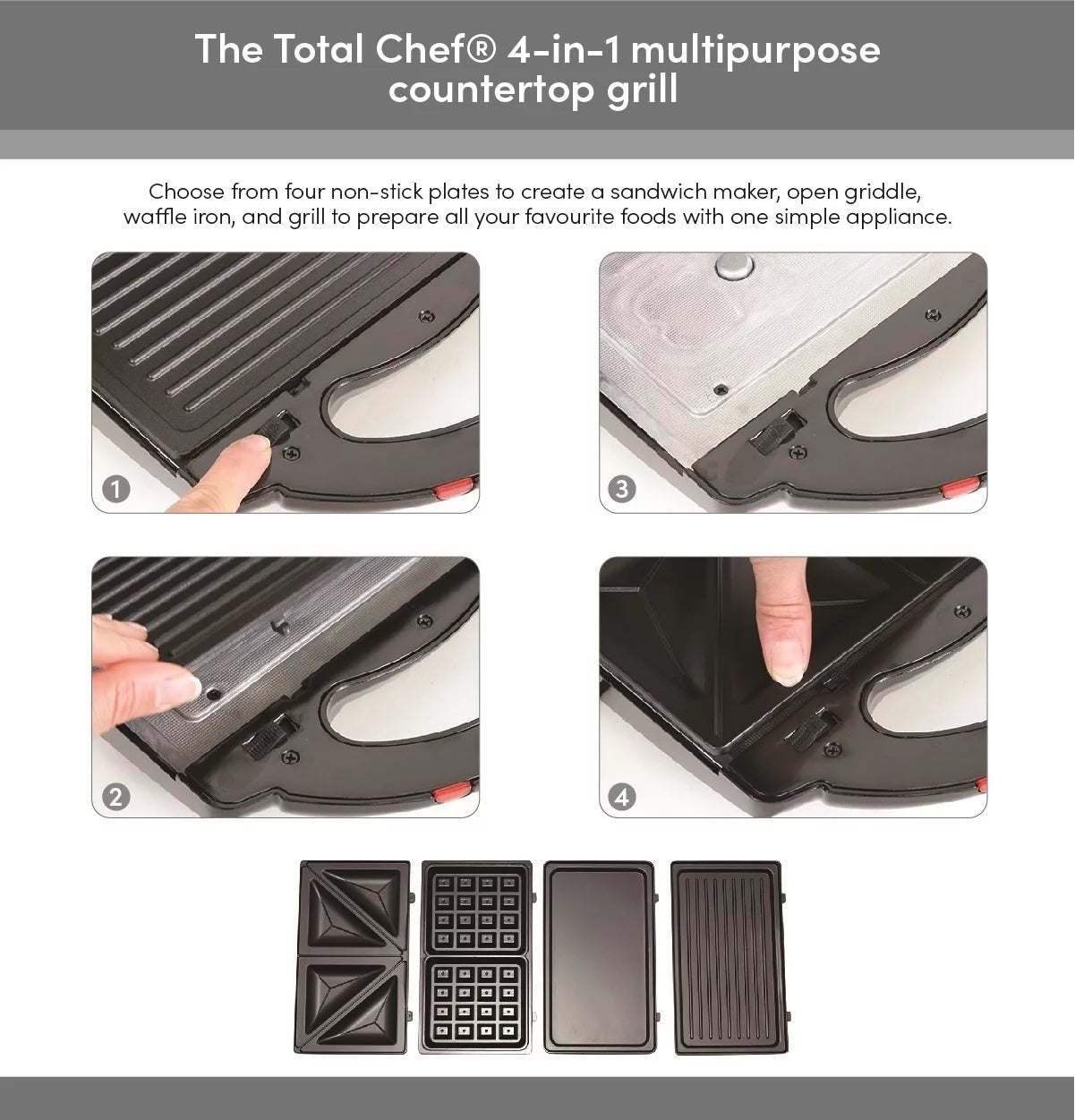 4-in-1 Waffle Maker, Indoor Grill, Sandwich Maker, Panini Press, Electric Griddle, Removable Non-Stick Plates H92613