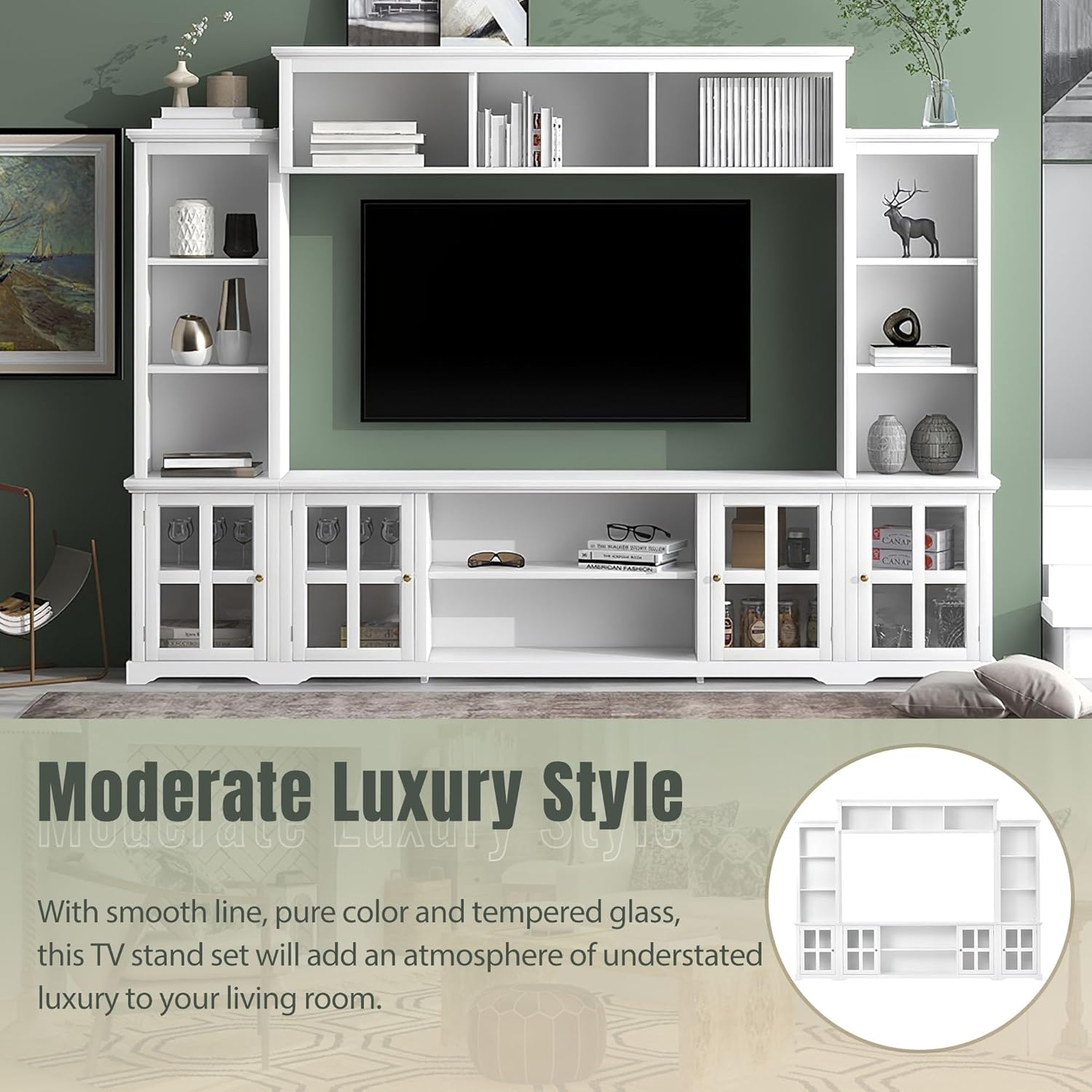 Media Console Table for TVs Up to 70" with Tempered Glass Door, White J769401