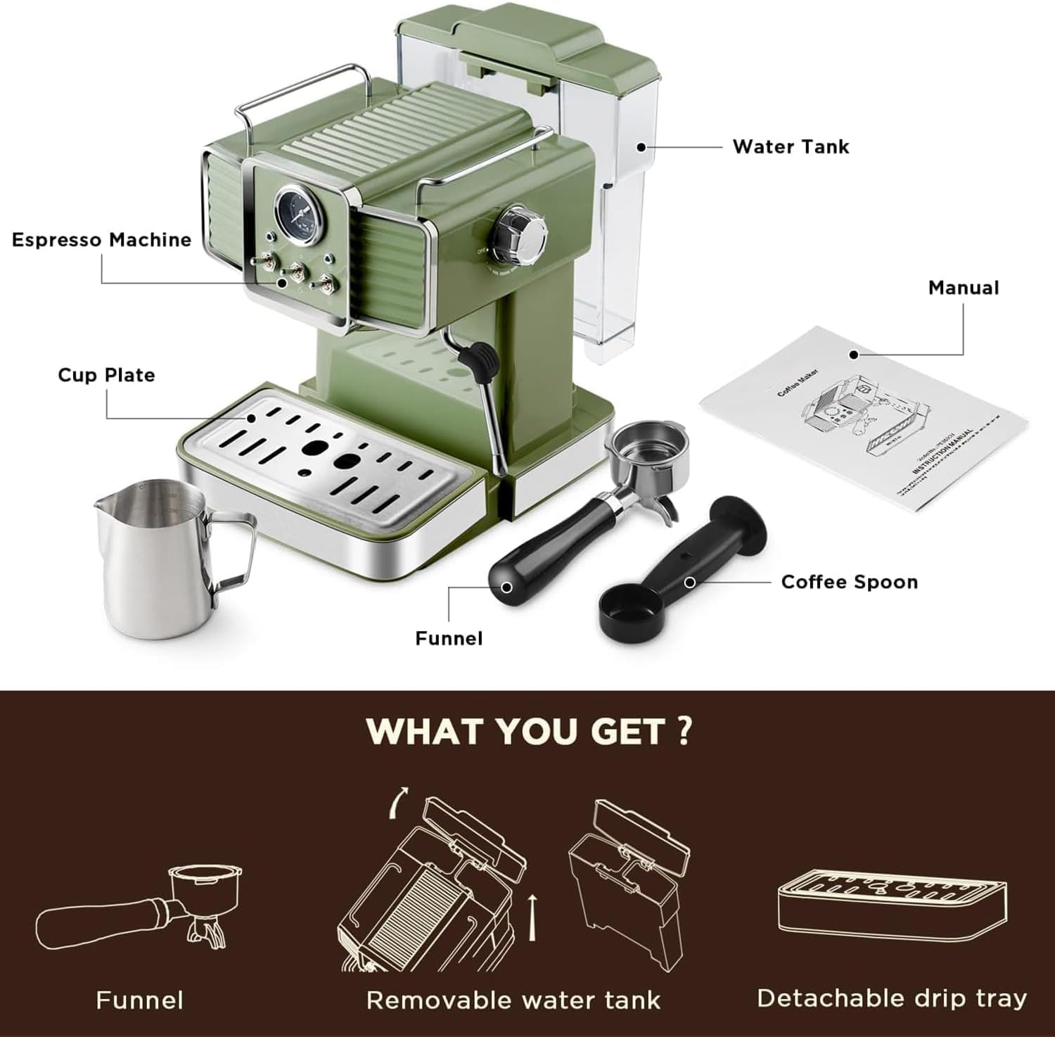 15 Bar Espresso Coffee Machine with Milk Frother Steam Wand E7259
