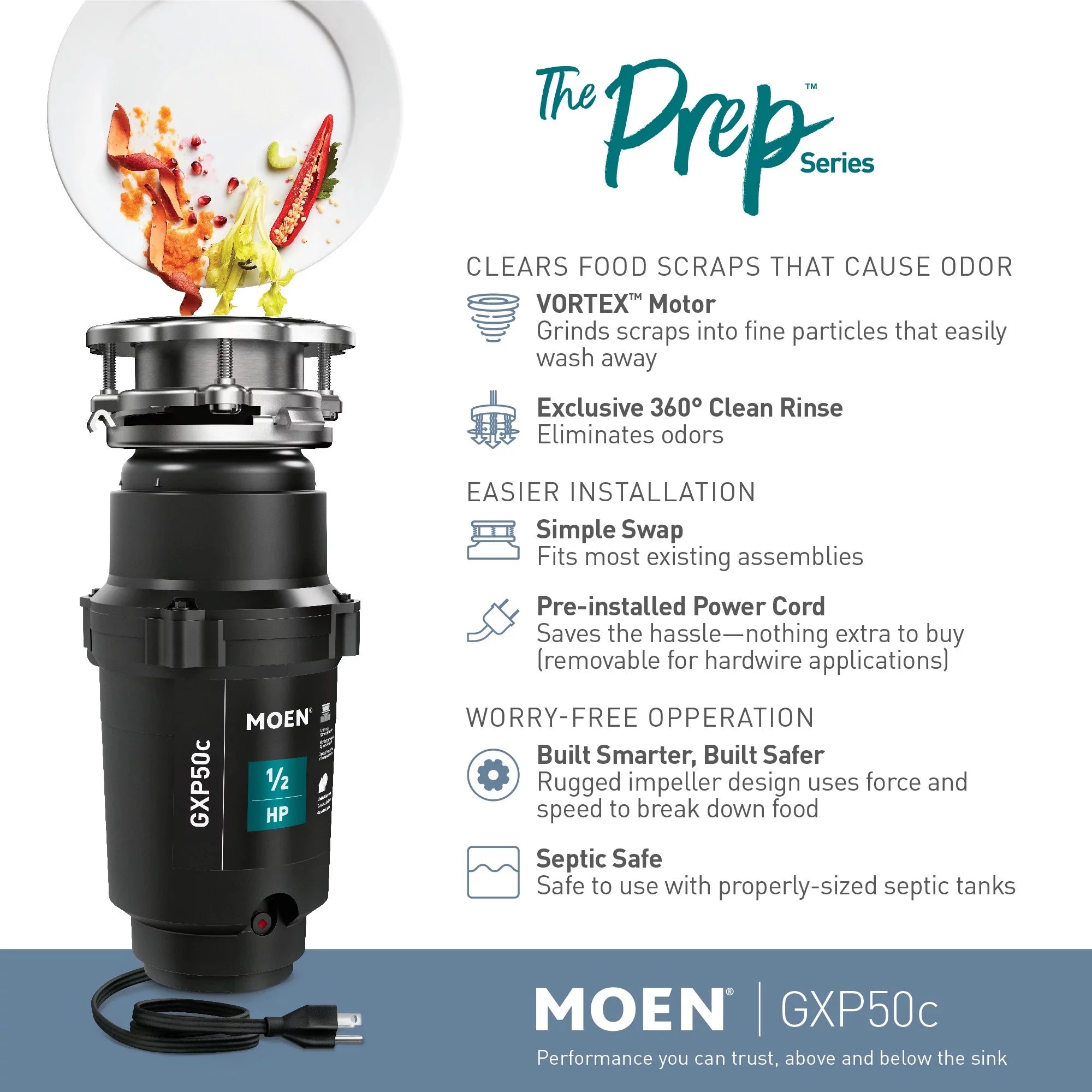 Garbage Disposal, 1/2 HP, Continuous Feed, Power Cord Included L4687