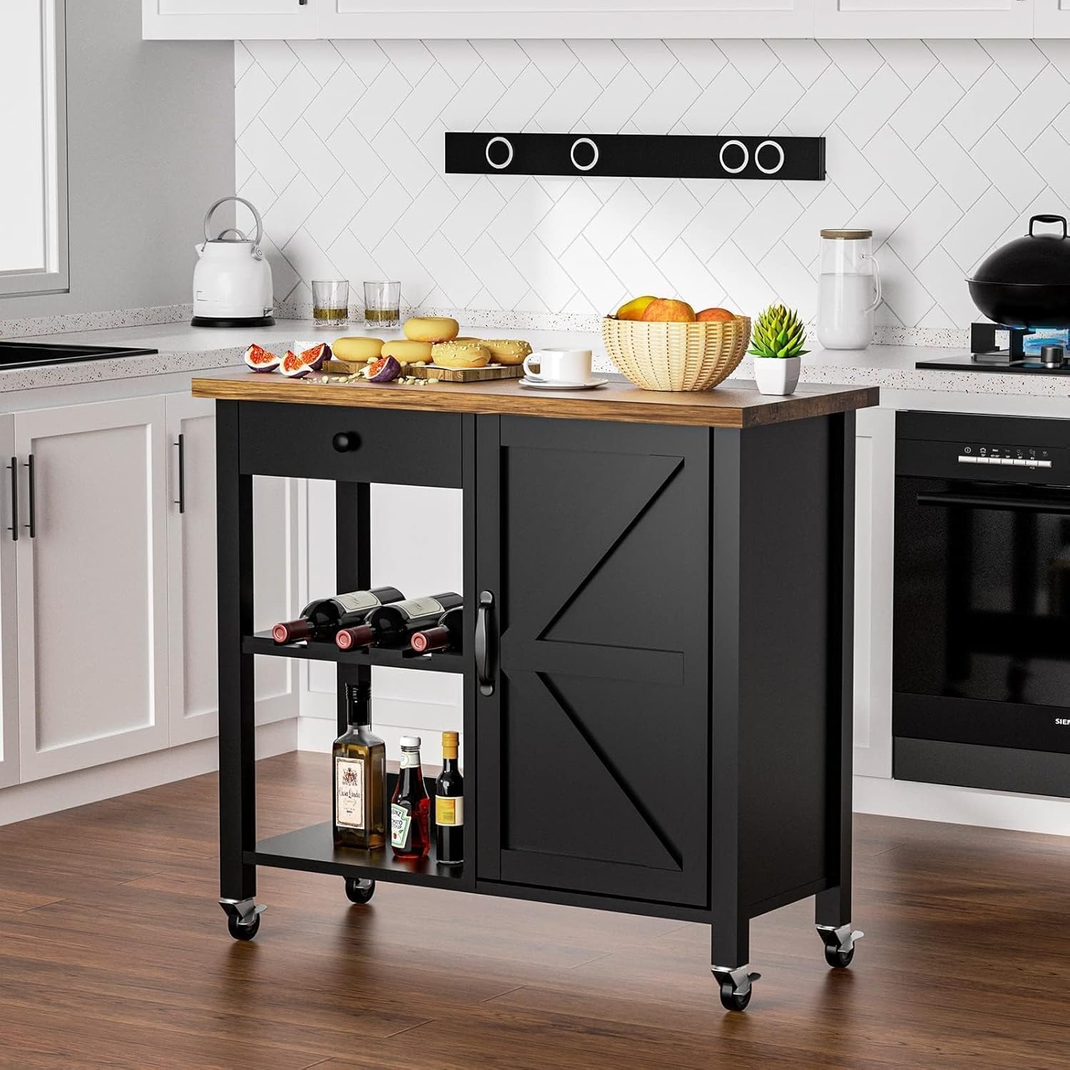 Coffee Bar Cart on Wheels with Storage Cabinet and Adjustable Shelves, Black A91633