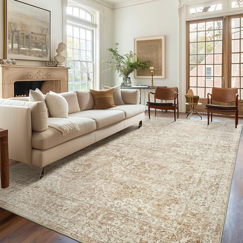 5x7 Area Rugs for Living Room, Floral Area Rugs 5x7, Non Slip Backing 5x7 Rug, Soft Stain Resistant Washable Rugs 5x7, Vintage Area Rug 5 x7 with Low Pile (5 x 7, Beige/Brown)