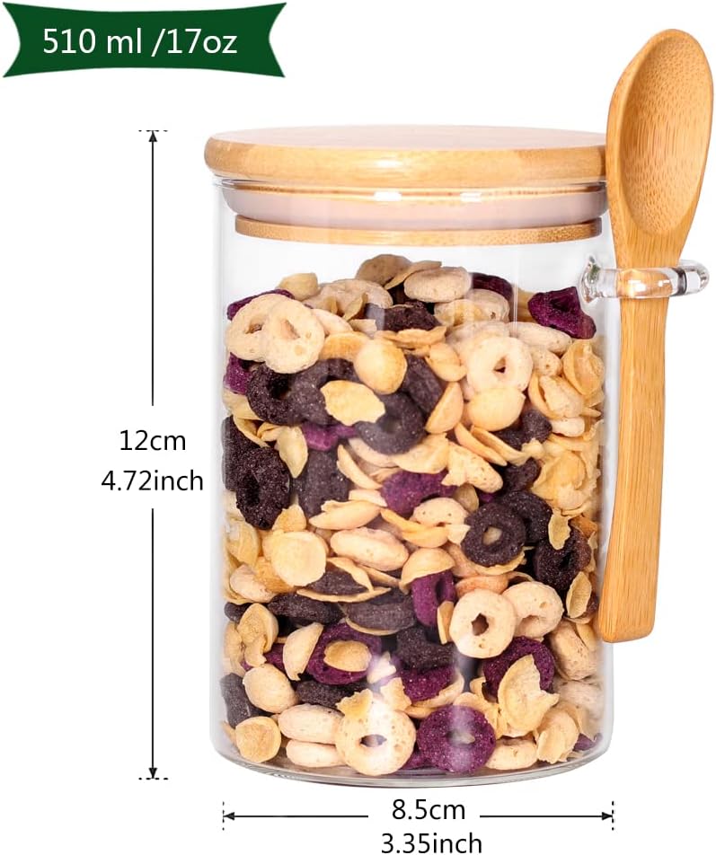 Glass Containers with Bamboo Lids and Wooden Spoons, 17 OZ Overnight Oat Jars (6 Pack) O92322