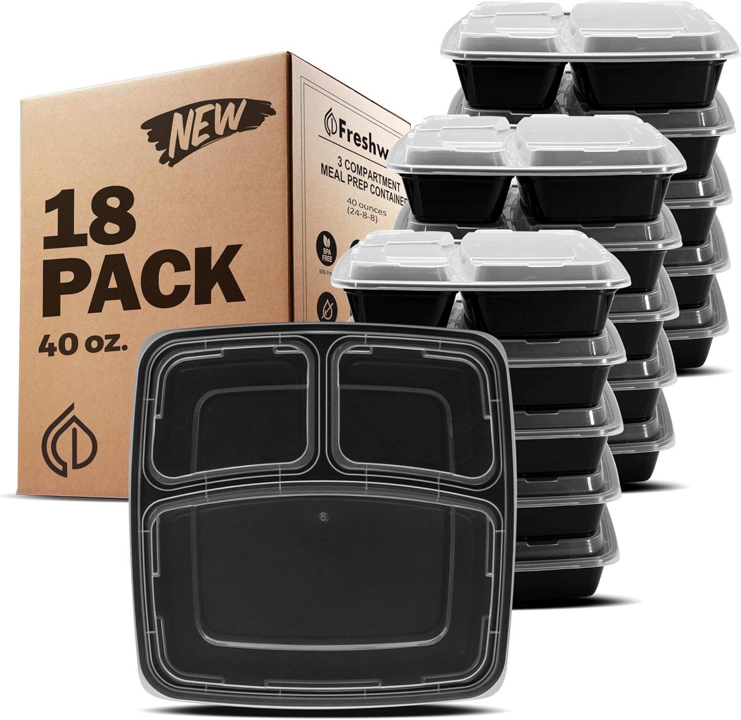 Freshware Meal Prep Containers [20 Count] 3 Compartment With Lids, Food Containers, Lunch Box, BPA Free, Stackable, Bento Box, Microwave/Dishwasher/Freezer Safe (40 Oz)