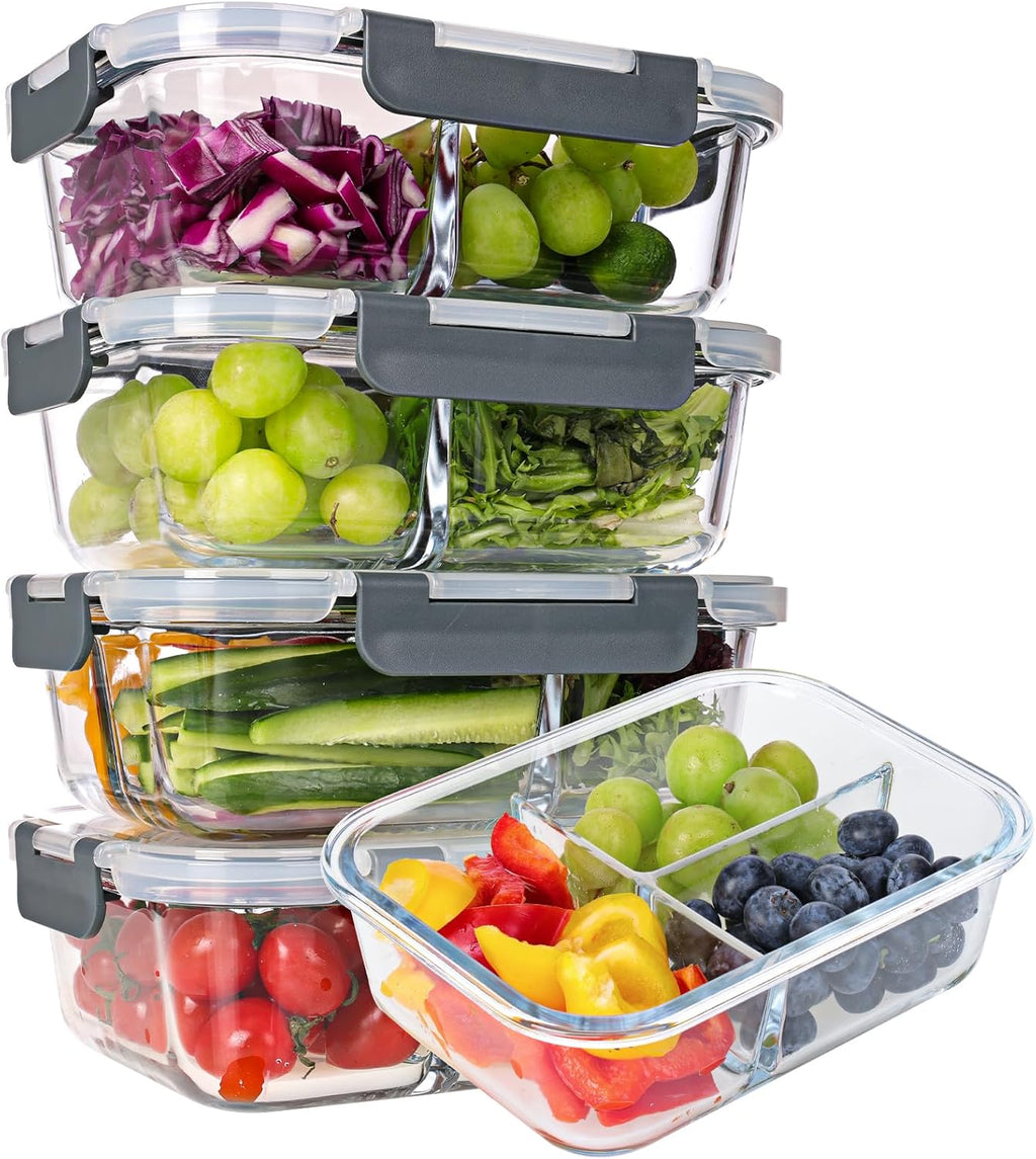 Moretoes Glass Meal Prep Containers, 5-Pack 3 Compartments Meal Prep Containers Glass with Lids, 35oz Meal Prep Containers Reusable, Bento Box Adult Lunch Box for Freezer & Ovens, Grey