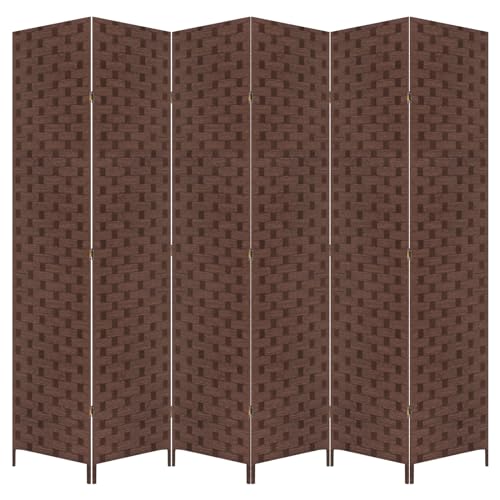 6 Panel Folding Portable Partition Screen ，71”high， Room Divider Wood Screen with Bamboo Mesh Woven Design Room Dividers Privacy Screens Dividers for Home Office Restaurant Bedroom, Brown