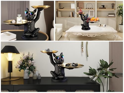 French Bulldog Resin Statue with 2 Metal Trays for Entryway Decor F3312