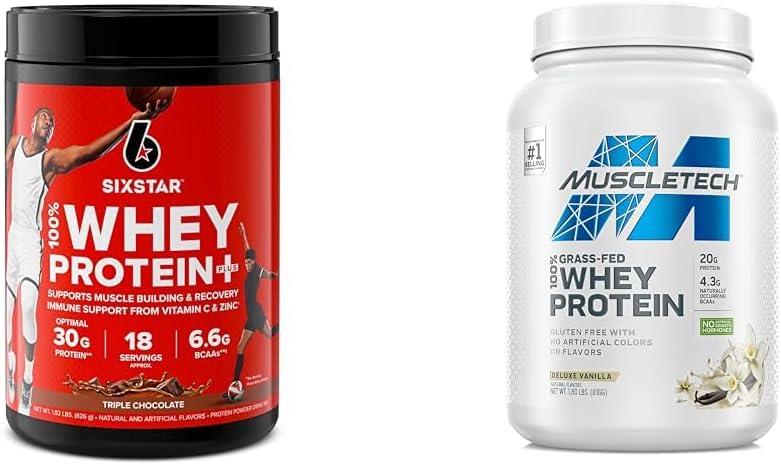 Six Star Elite 100% Whey Protein Plus Triple Chocolate 1.8lbs and MuscleTech Grass Fed Whey Protein Powder Deluxe Vanilla 1.8 lbs