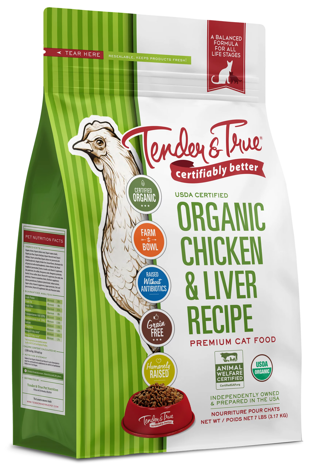 Tender & True Organic Chicken & Liver Recipe Dry Cat Food, 7 lb bag