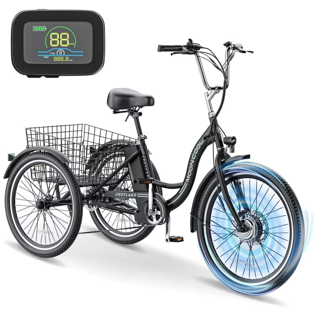 MOPHOTO 26" 350W 36V 7 Speeds Electric Tricycle for Adult, Electric Trike with Basket , 3 Wheel Electric Bikes with Led Headlight, Motorized Tricycle for Senior, Men