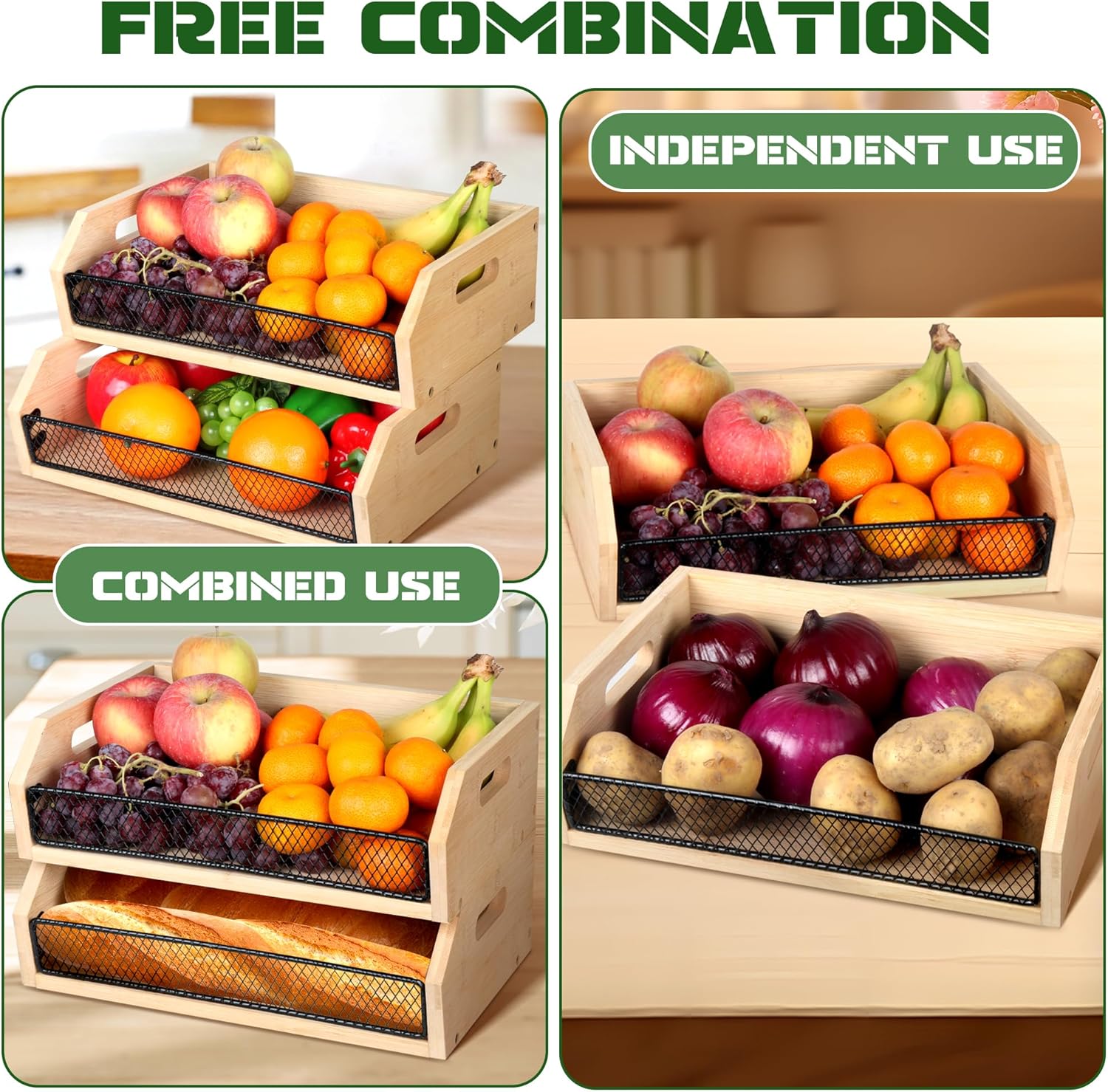 Stackable Bamboo Storage Basket for Potato and Onion, 2 Pack U642825