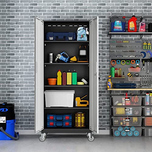 72" Metal Garage Storage Cabinet with Wheels, Adjustable Shelves & Locking Doors Q66304