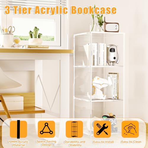 3-Tier Acrylic Bookcase, Floor Standing Clear Bookshelf for Home Office R42956