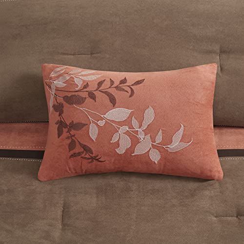 Modern Faux Suede Comforter Set with Stripe Design, Queen, Brown, 7 Piece T450652