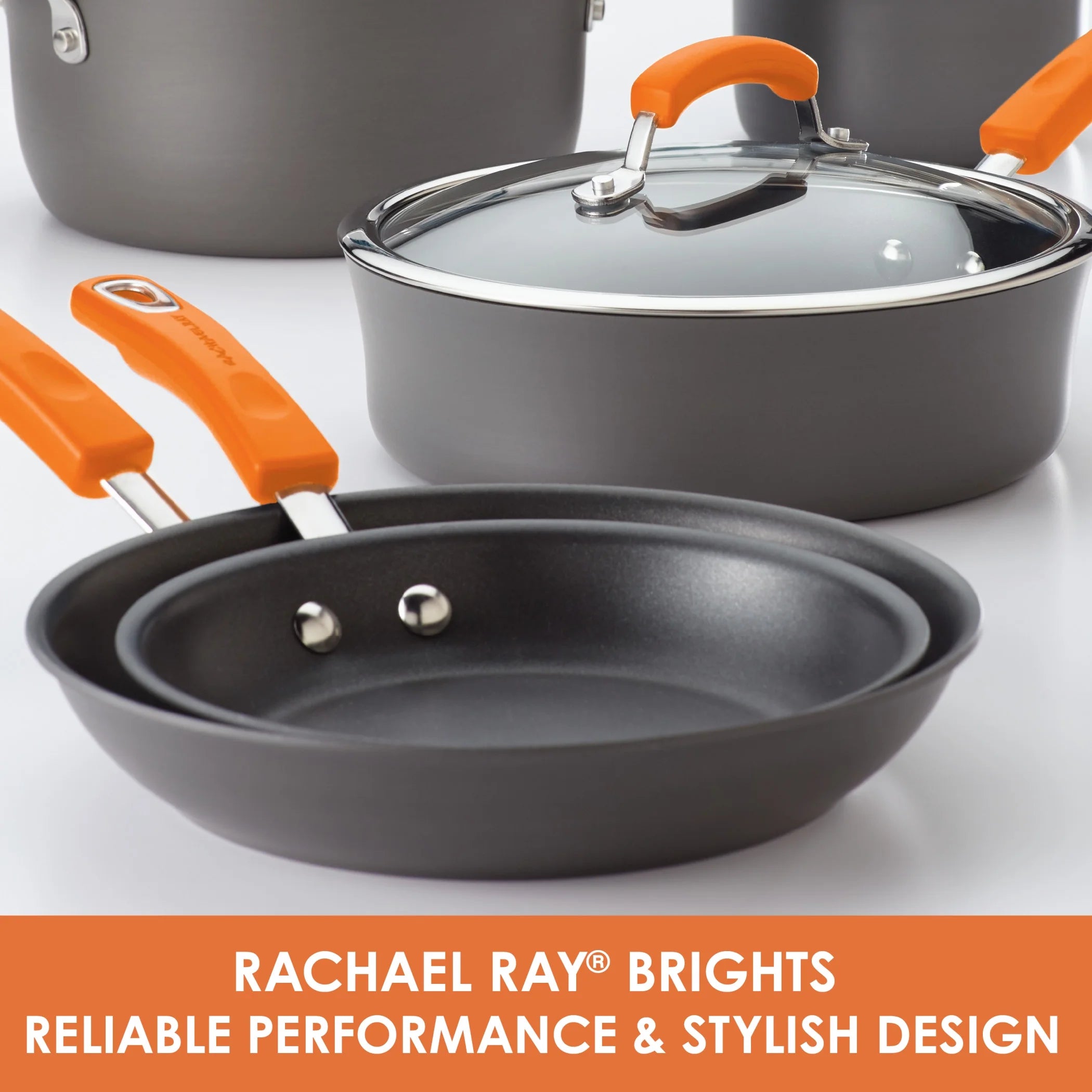 Nonstick Pots and Pans Set, 14 Piece, Gray with Orange Handles H8050