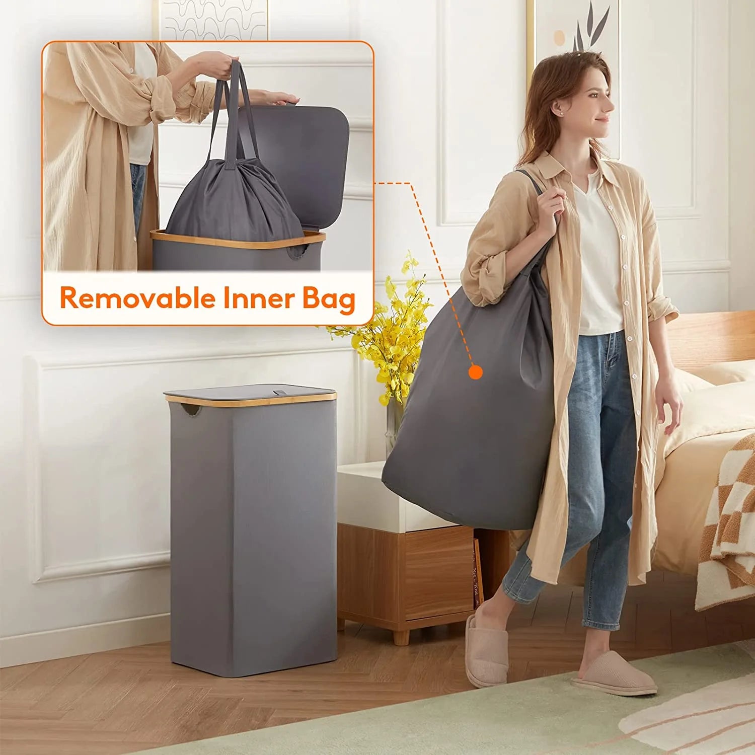 100L Laundry Basket with Lid, Removable Bag Grey F469