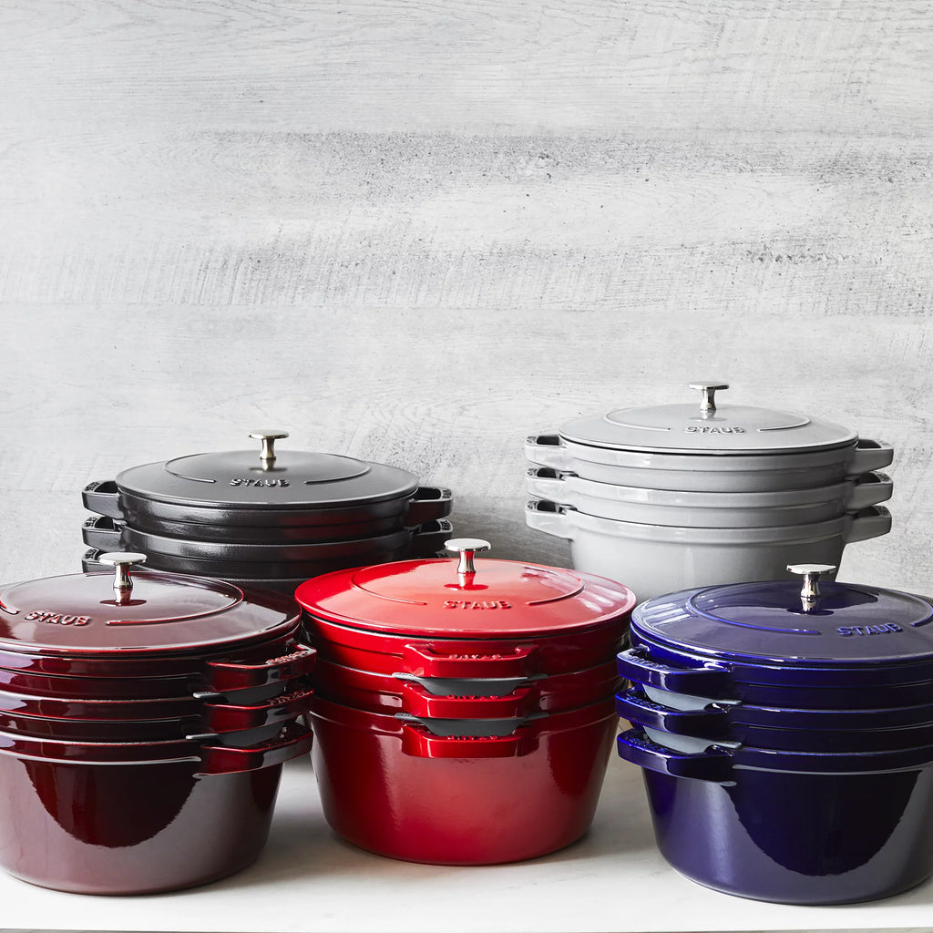 Cast Iron Cookware Set 4-Piece, Stackable Dutch Oven with Universal Lid, Dark Blue D57755