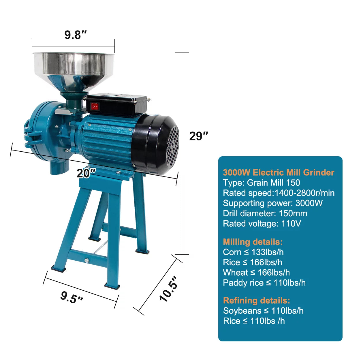 3000W 110V Commercial Grain Grinder for Corn Wheat Flour N8095