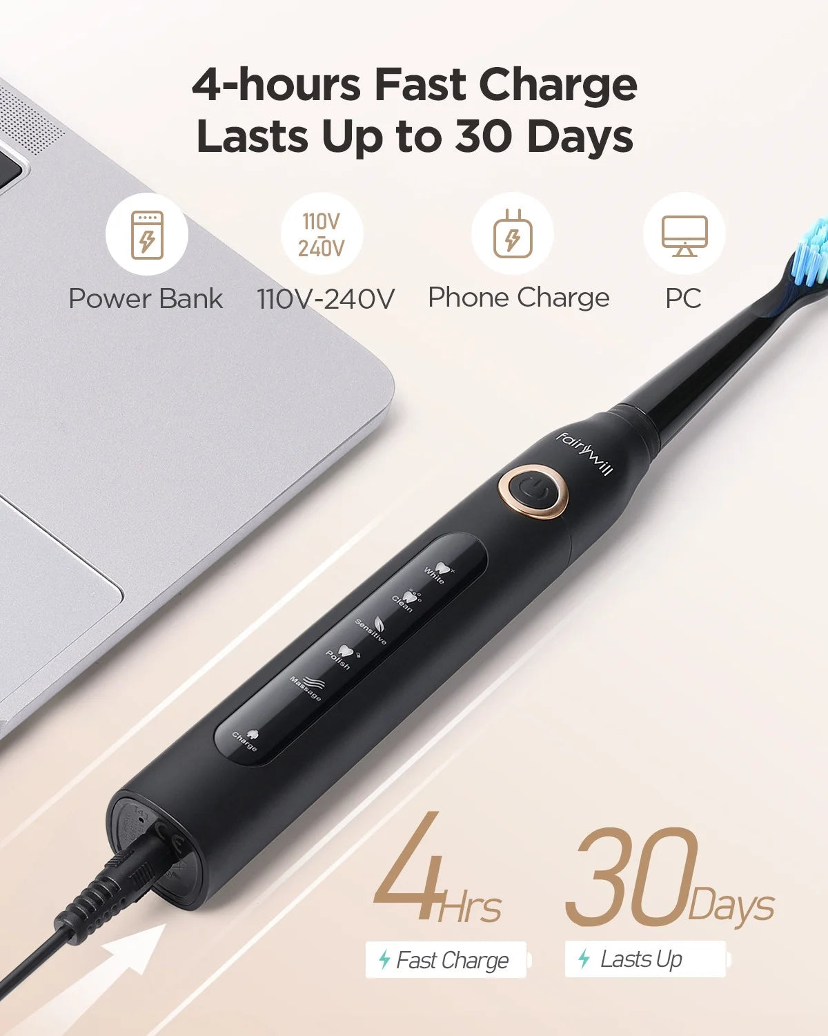 Sonic Electric Toothbrush Rechargeable Black, 5 Modes with Smart Timer N774