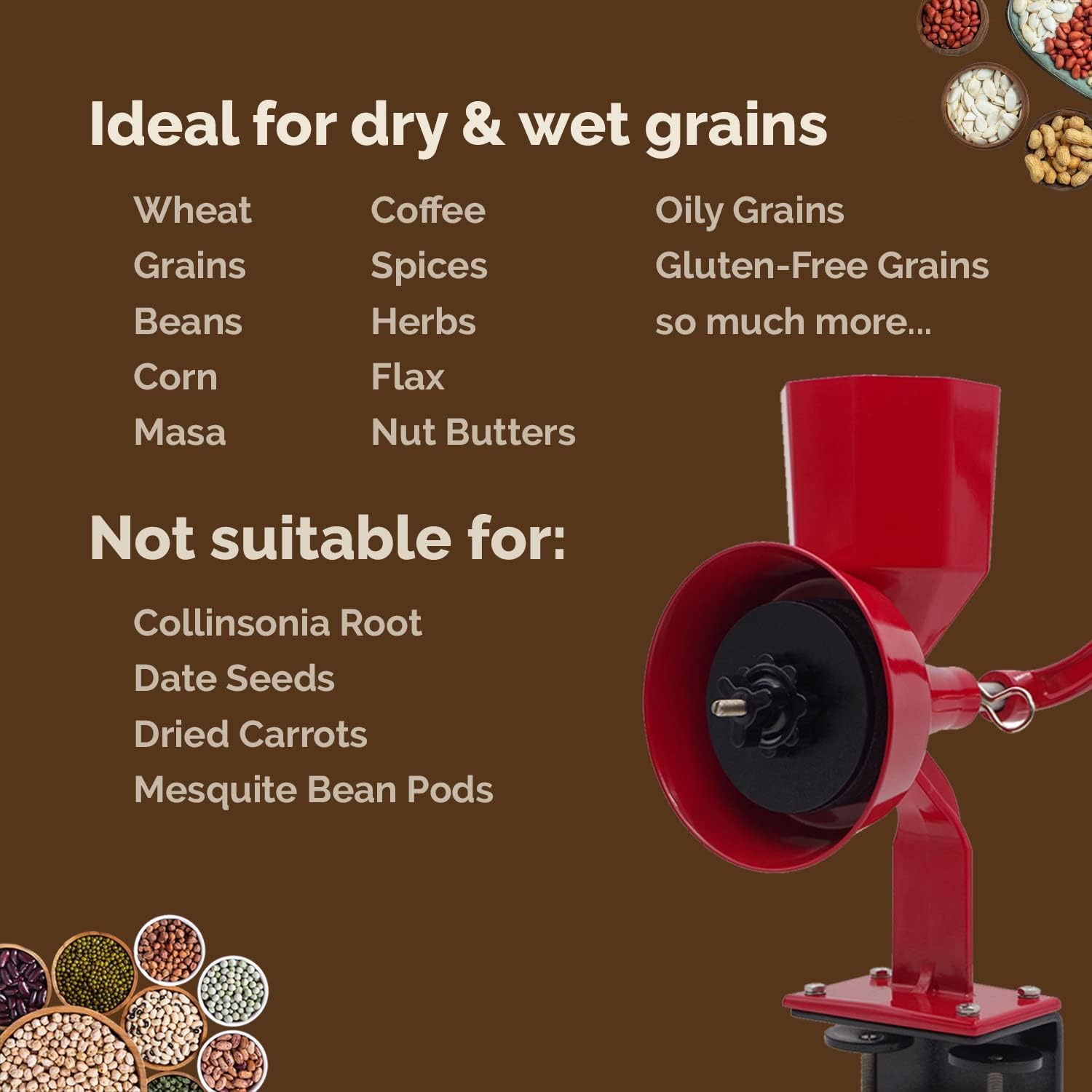 Manual Hand Grain Mill for Dry and Oily Grains, Kitchen Flour Grinder with Hand Crank X229799