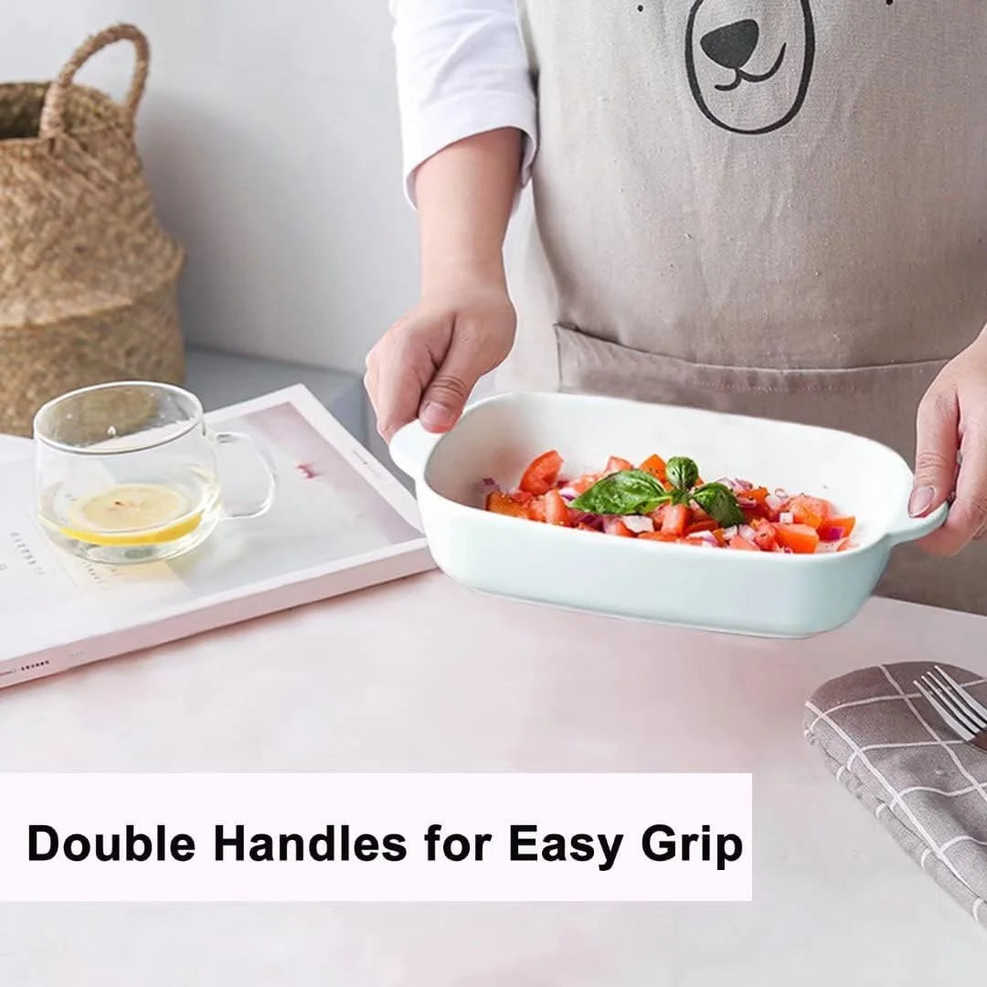 Small Ceramic Baking Dish with Handles, 9 x 5 Inches, 2-Piece Set, White M962812