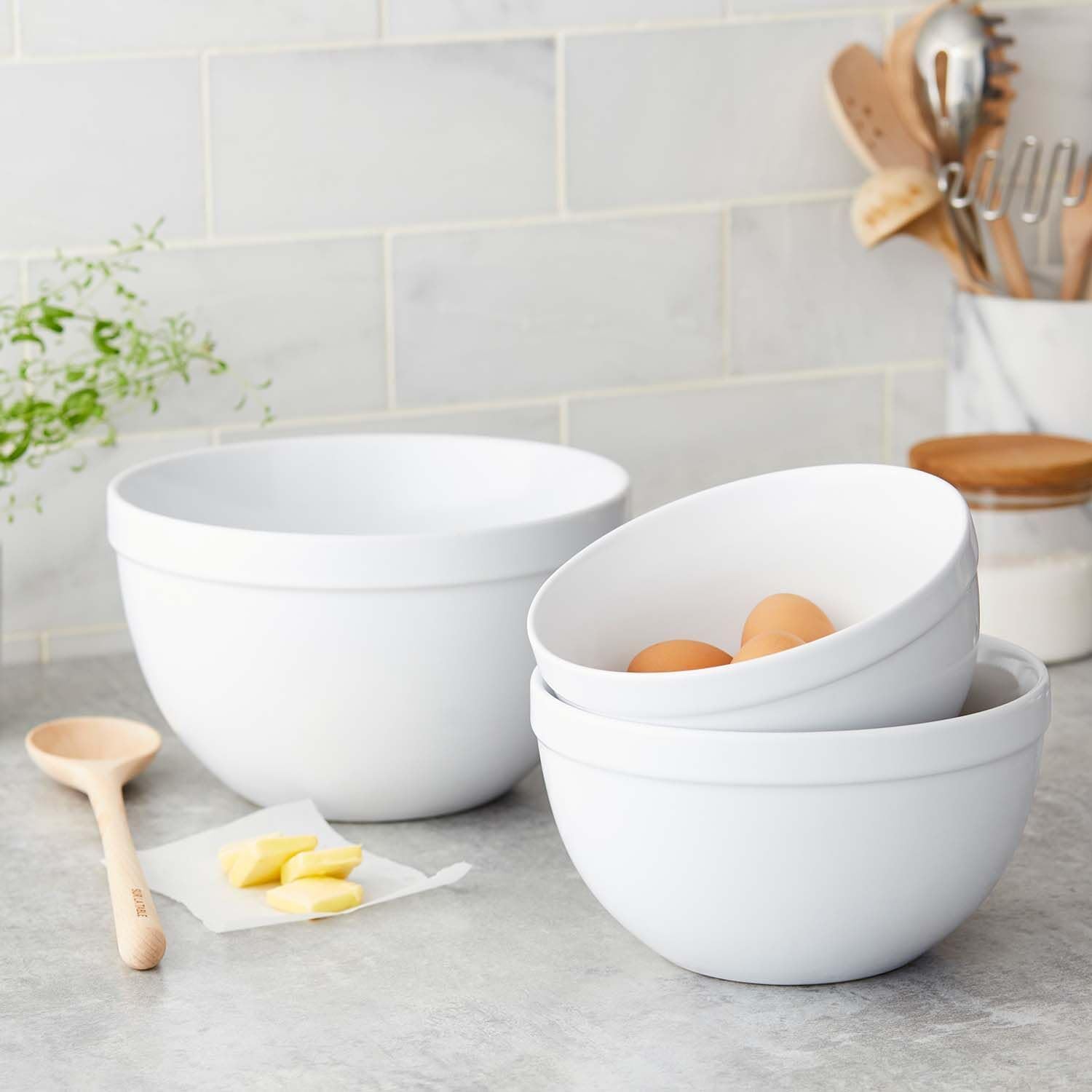 Ceramic Mixing Bowls, Set of 3, White U5294