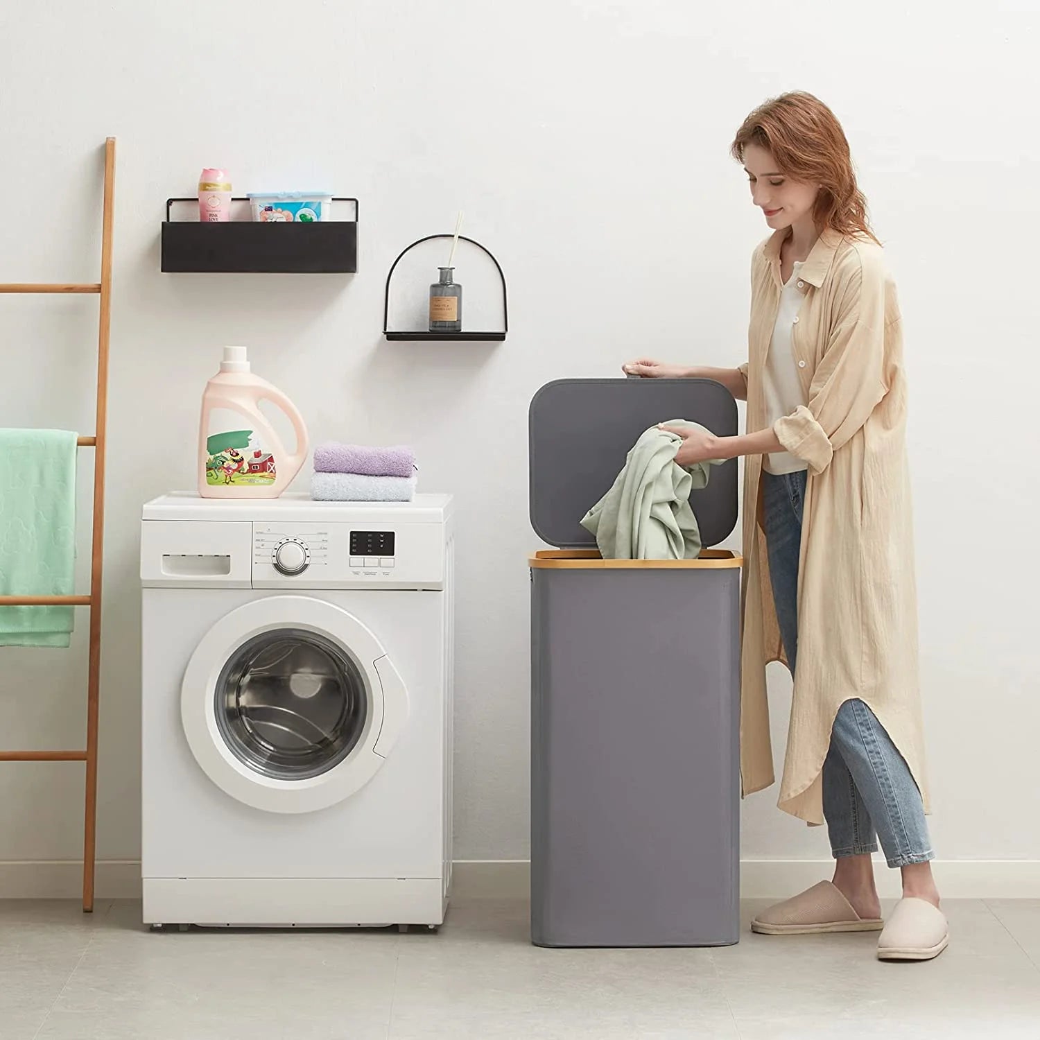 100L Laundry Basket with Lid, Removable Bag Grey F469