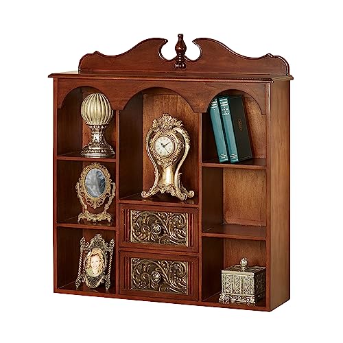 Sarantino Wall Wooden Curio Cabinet Natural Cherry - Traditional Style - Handcrafted Wood - Seven Shelves, Two Drawers - Ornate Medallion Designs - Decorative Display - Mounted - 14" Wx14 Dx30.5 H