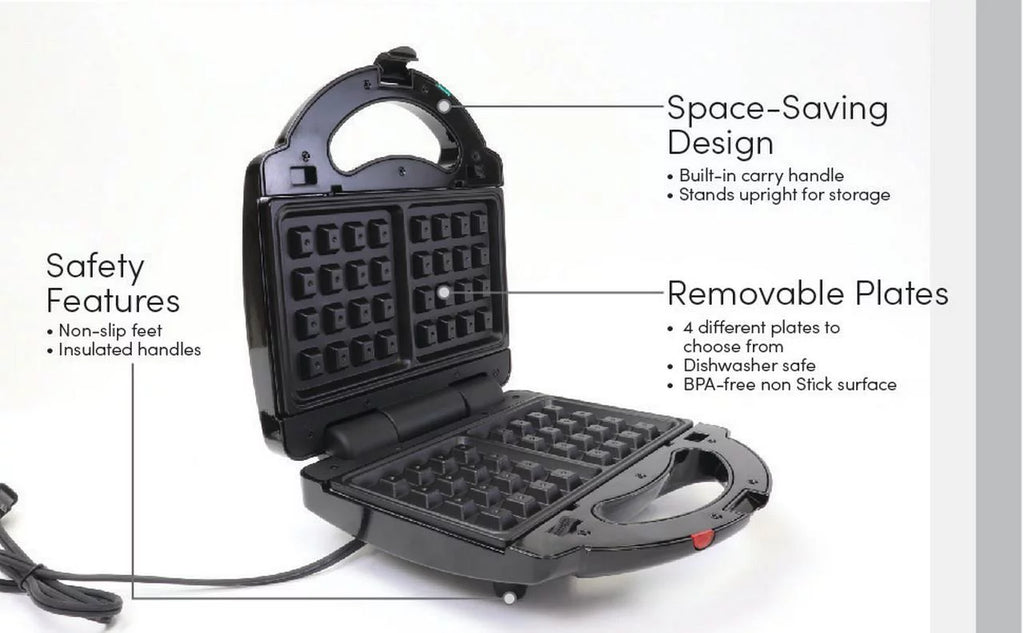 4-in-1 Waffle Maker, Indoor Grill, Sandwich Maker, Panini Press, Electric Griddle, Removable Non-Stick Plates H92613