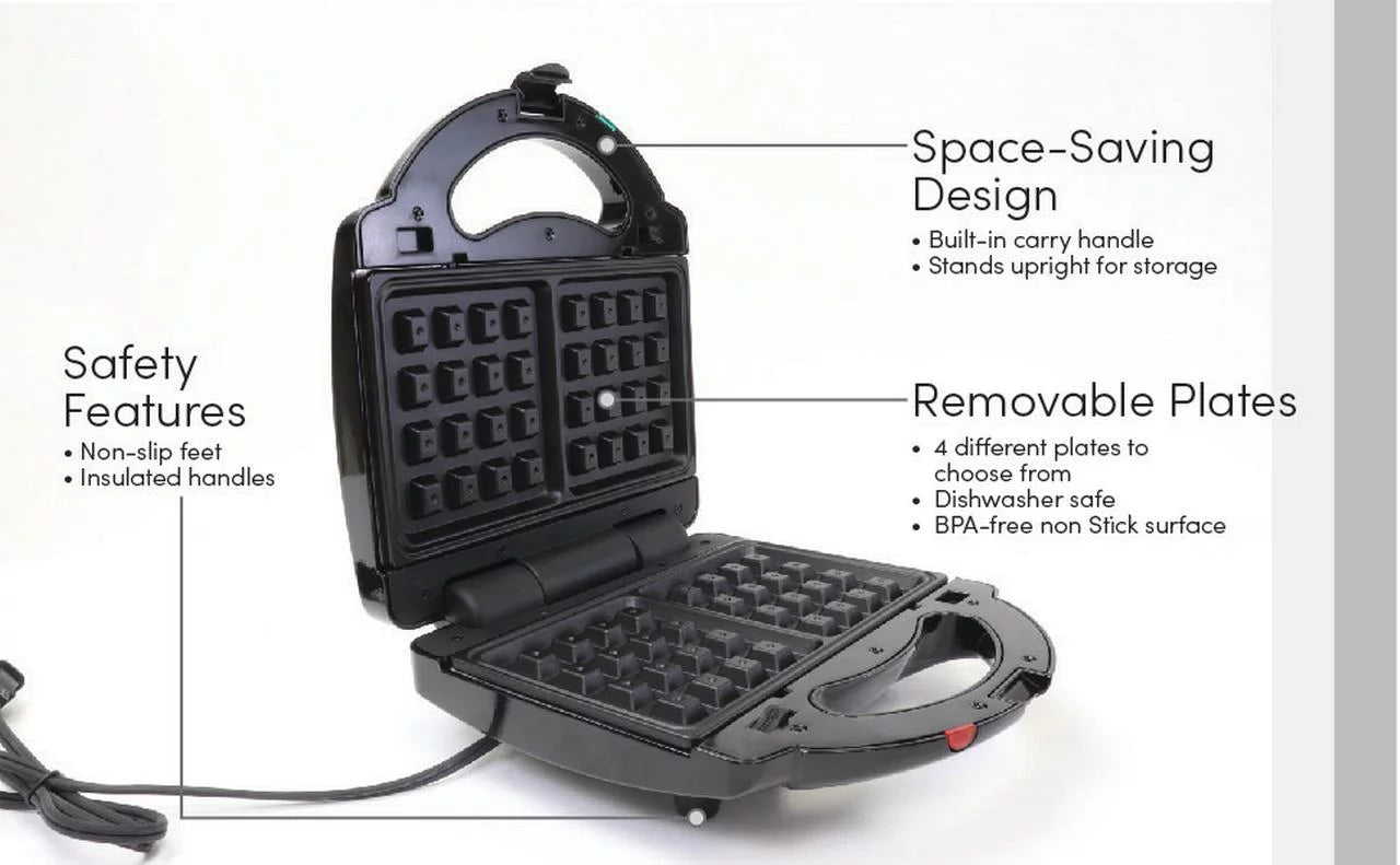 4-in-1 Waffle Maker, Indoor Grill, Sandwich Maker, Panini Press, Electric Griddle, Removable Non-Stick Plates H92613