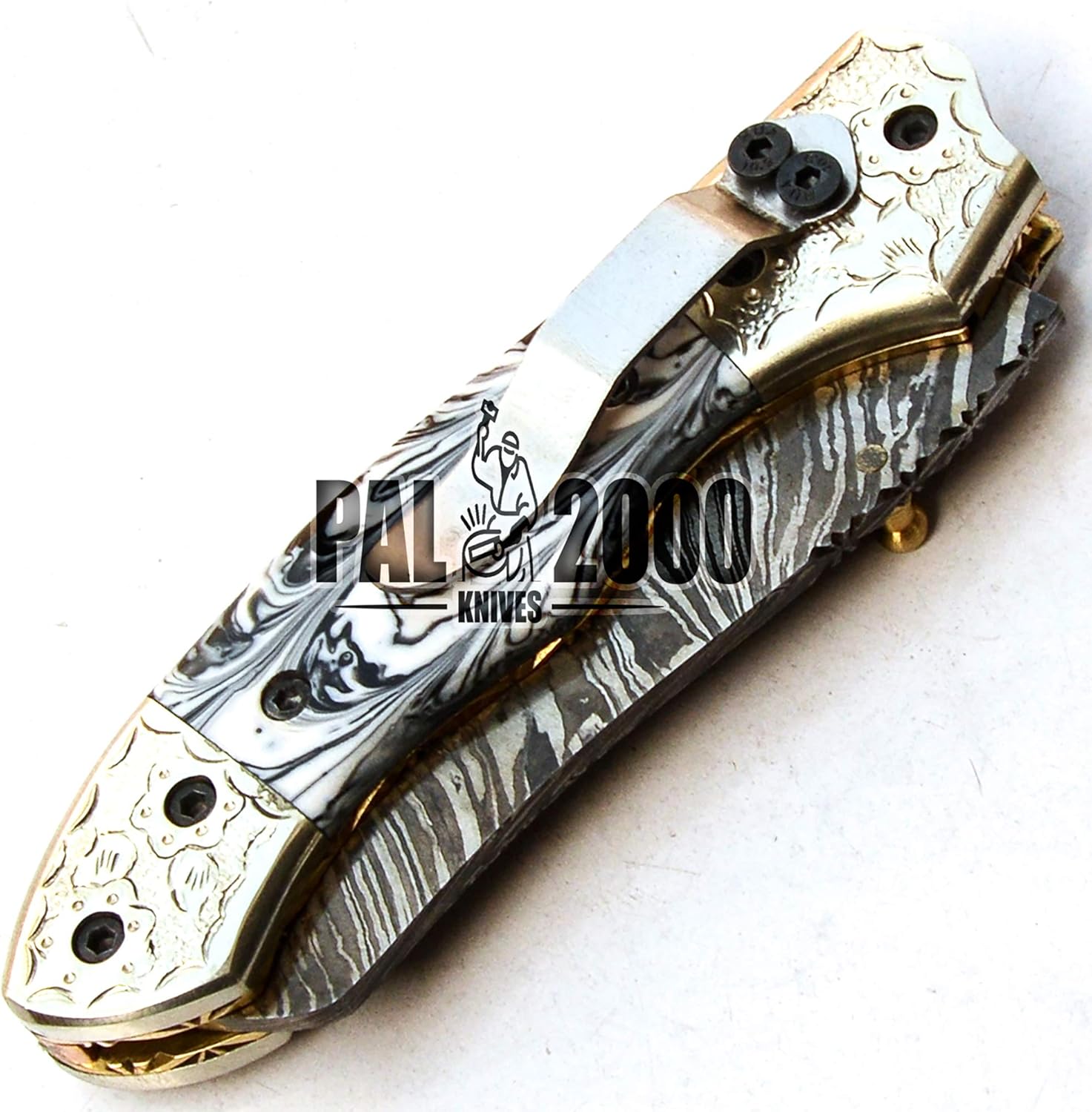 Damascus Steel Folding Pocket Knife with Sheath J237734