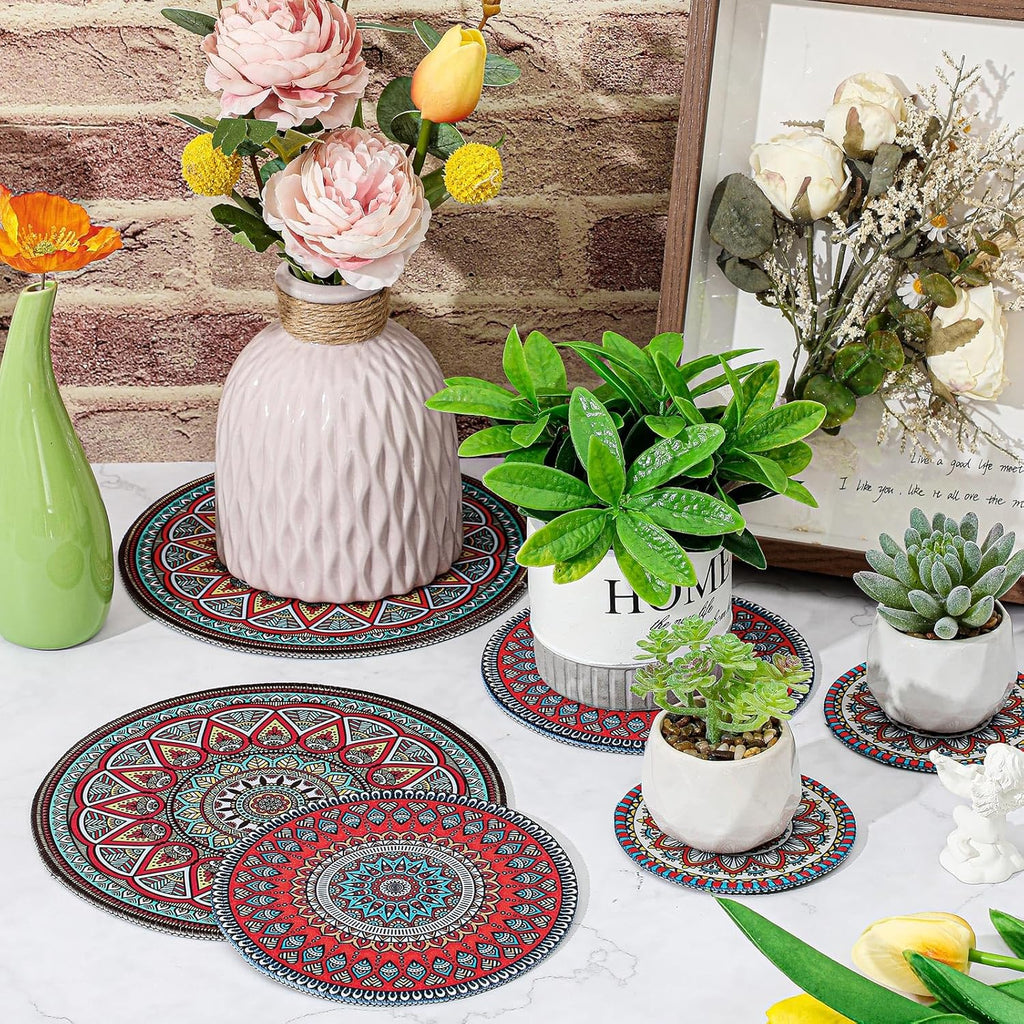 6 Pcs Boho Plant Pot Mat 3 Sizes Absorbent Non Slip Round Coaster for Indoor Outdoor Gardening F97102
