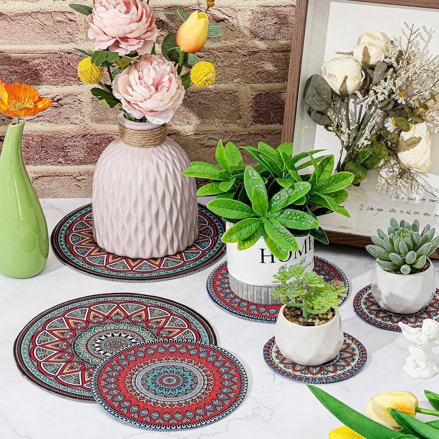 6 Pcs Boho Plant Pot Mat 3 Sizes Absorbent Non Slip Round Coaster for Indoor Outdoor Gardening F97102