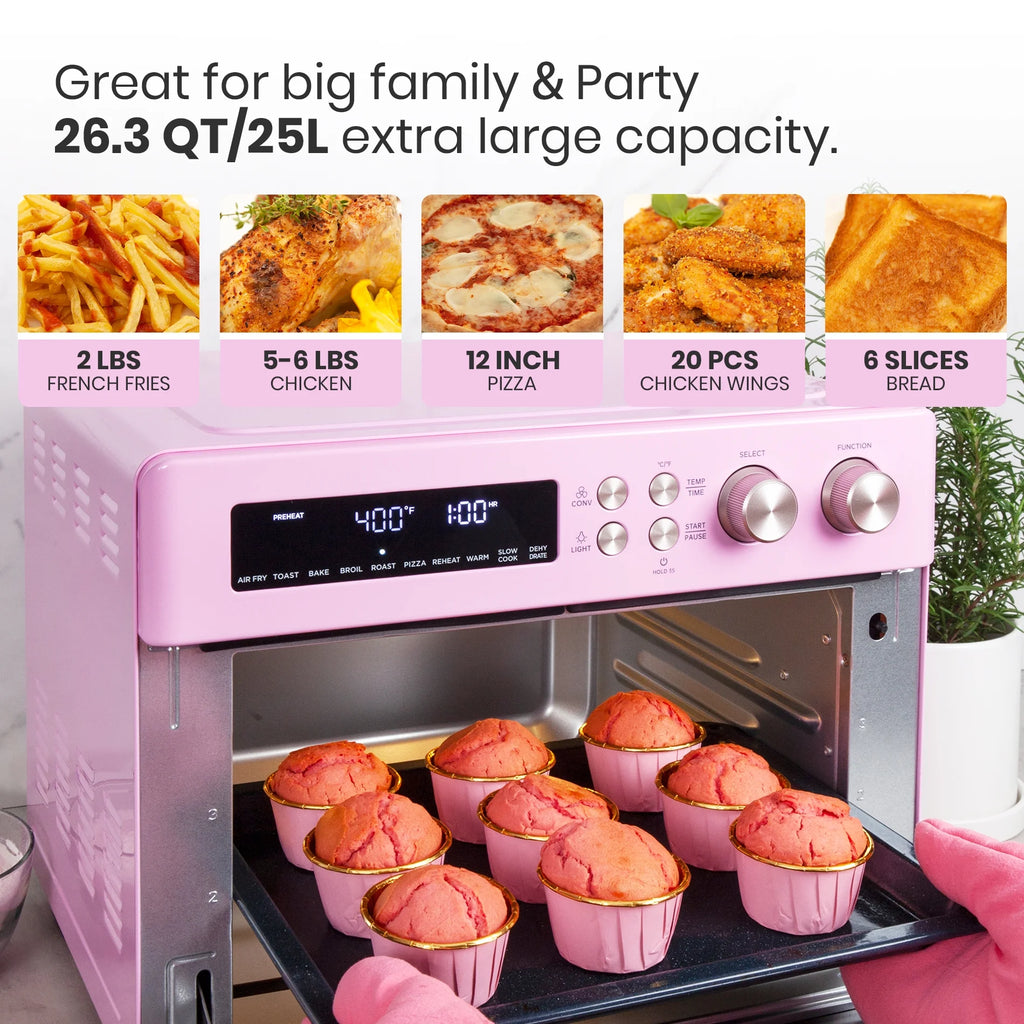 Retro Infrared Air Fryer Toaster Oven, Extra Large Countertop Convection Oven 10-in-1, 6-Slice Toast, Enamel Baking Pan, Pink P708509