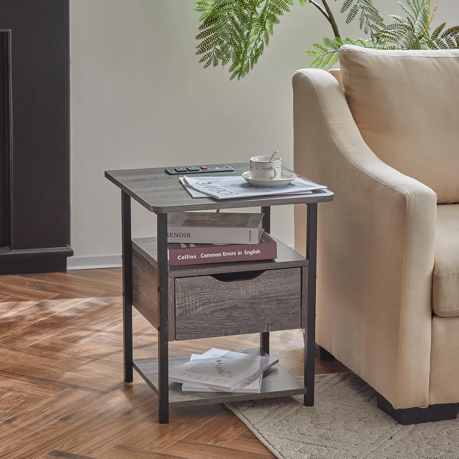 Nightstand Set of 2 with Charging Station, Wheels, and Drawer Y6233