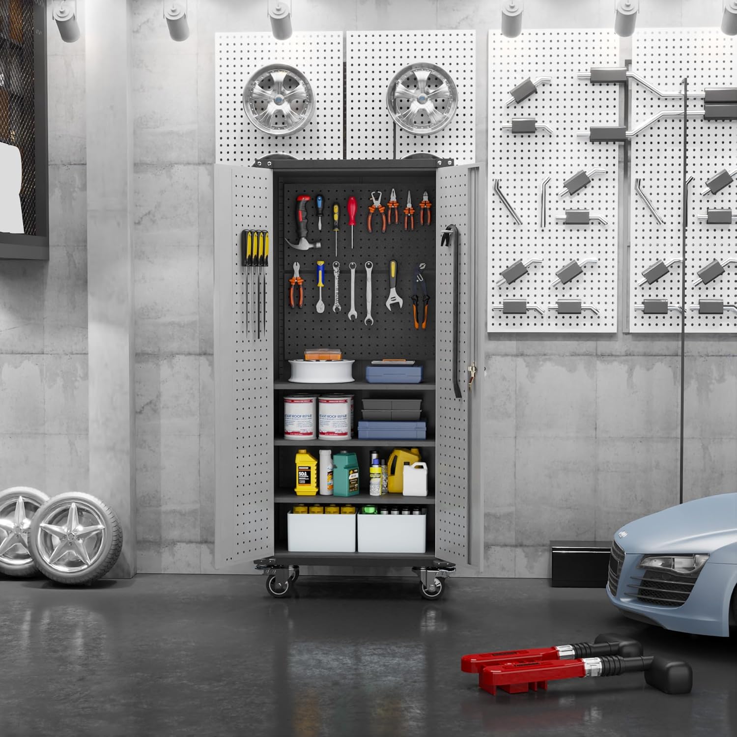 Metal Storage Cabinet with Pegboard and Wheels Q7622