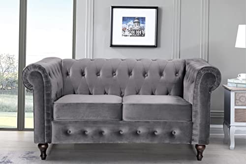 3-Piece Velvet Chesterfield Sofa Set with Couch, Loveseat and Accent Chair, Grey J93016