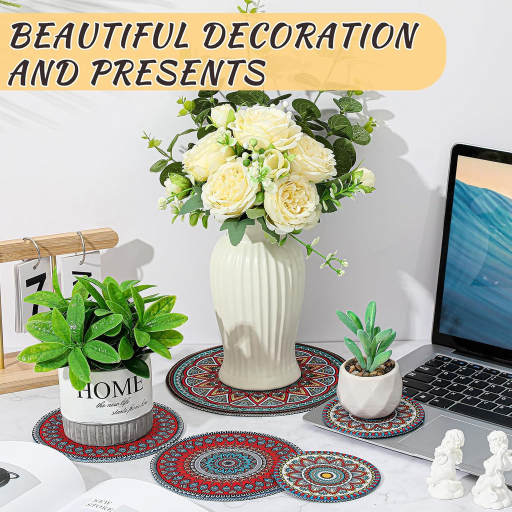 6 Pcs Boho Plant Pot Mat 3 Sizes Absorbent Non Slip Round Coaster for Indoor Outdoor Gardening F97102