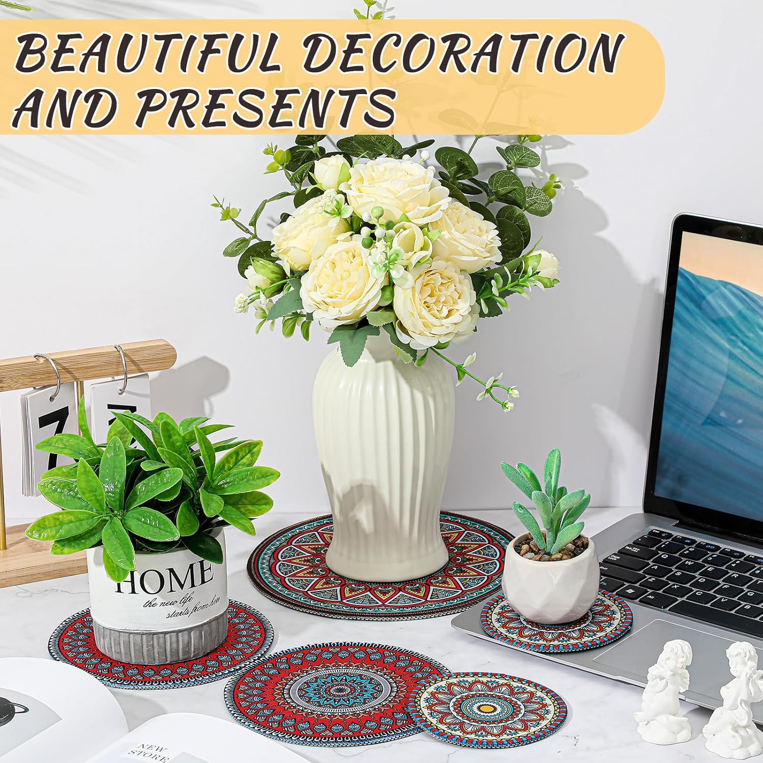 6 Pcs Boho Plant Pot Mat 3 Sizes Absorbent Non Slip Round Coaster for Indoor Outdoor Gardening F97102