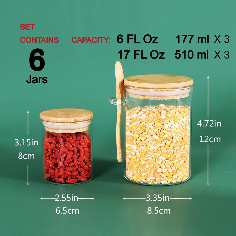 Glass Jars with Bamboo Lids and Spoons, Set of 6 S6154