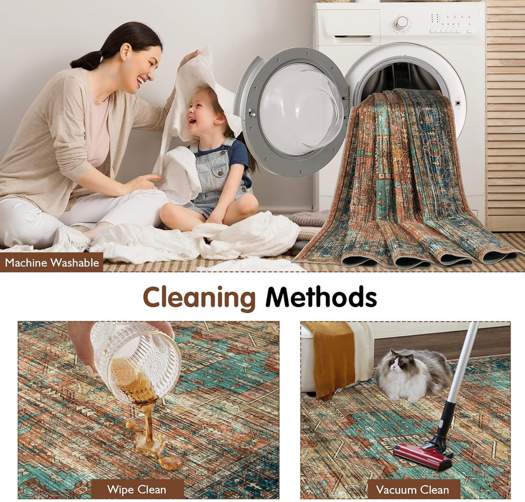 Washable Vintage Area Rug for Living Room, Non-Slip Low Pile, 8x10 N895